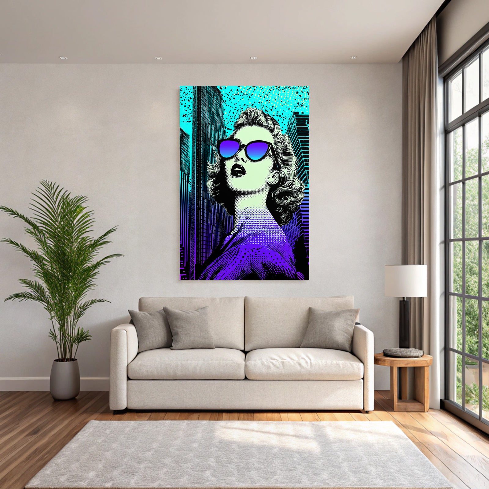 PopArt Frau Mit Blondem Haar Sonnenbrille Und Stadtbild Im Popartstil