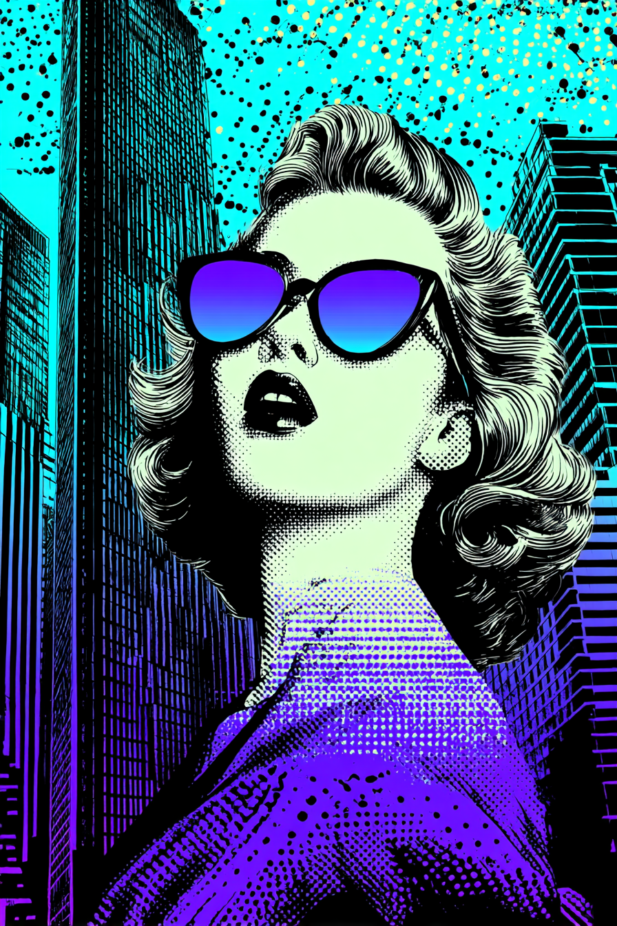 PopArt Frau Mit Blondem Haar Sonnenbrille Und Stadtbild Im Popartstil | Pop Art | Stilrichtungen