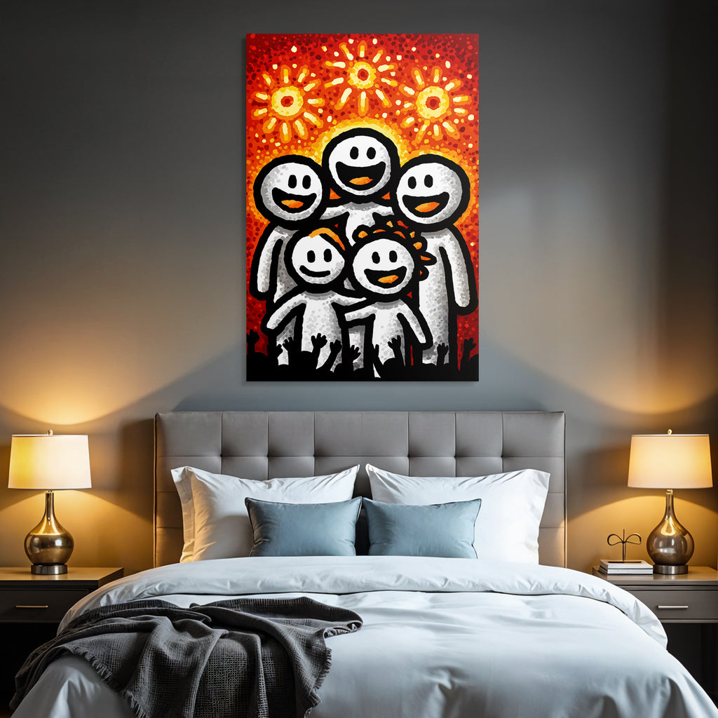 PopArt Fröhliche Familie Vor Feurigem Hintergrund