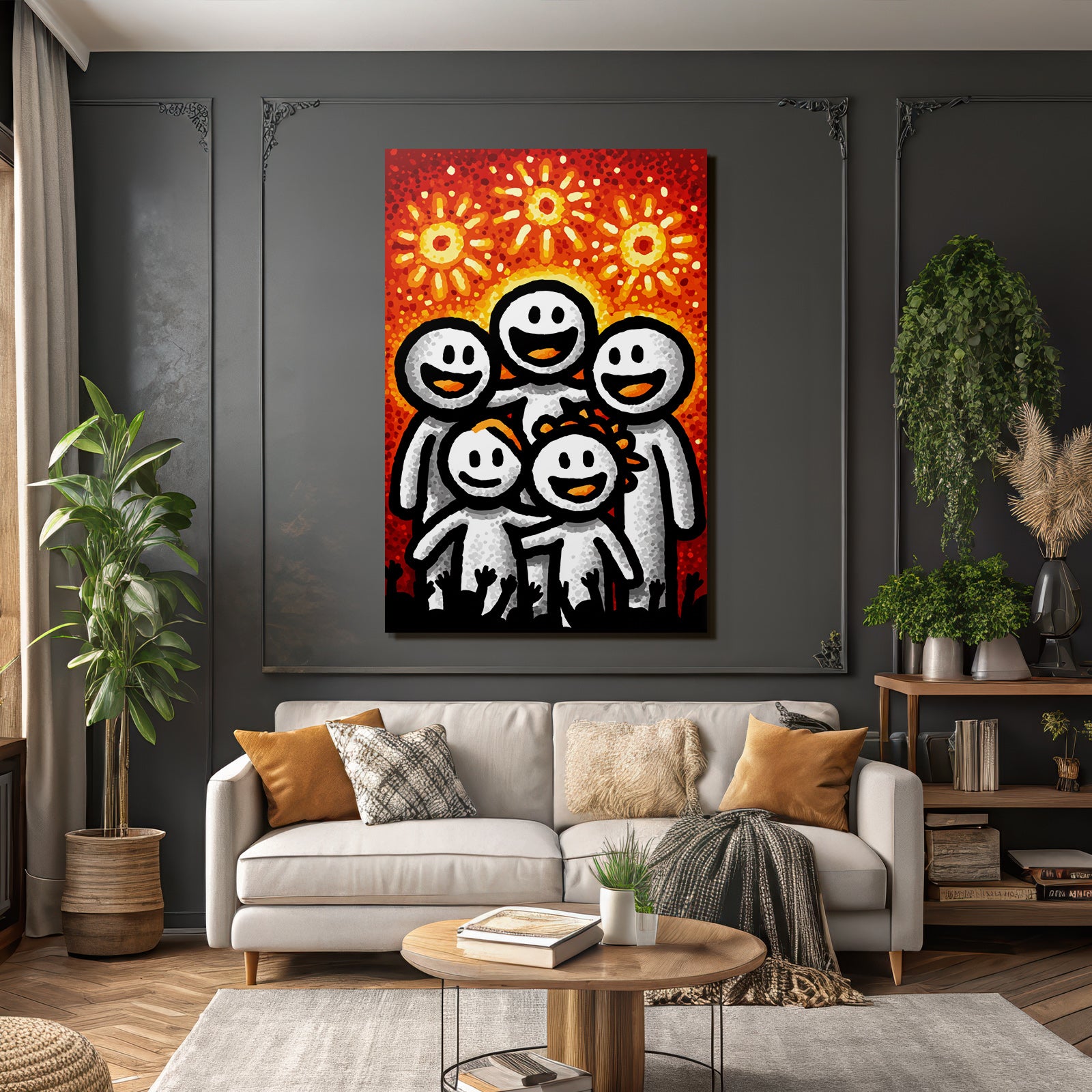 PopArt Fröhliche Familie Vor Feurigem Hintergrund