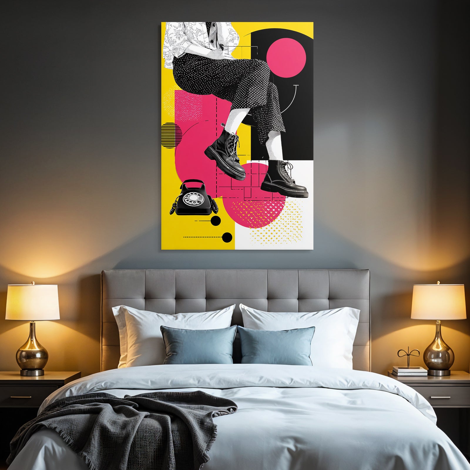 PopArt Grafikdesign Person Sitzt Mit Beinen Und Schuhwerk Vintage Wahltelefon