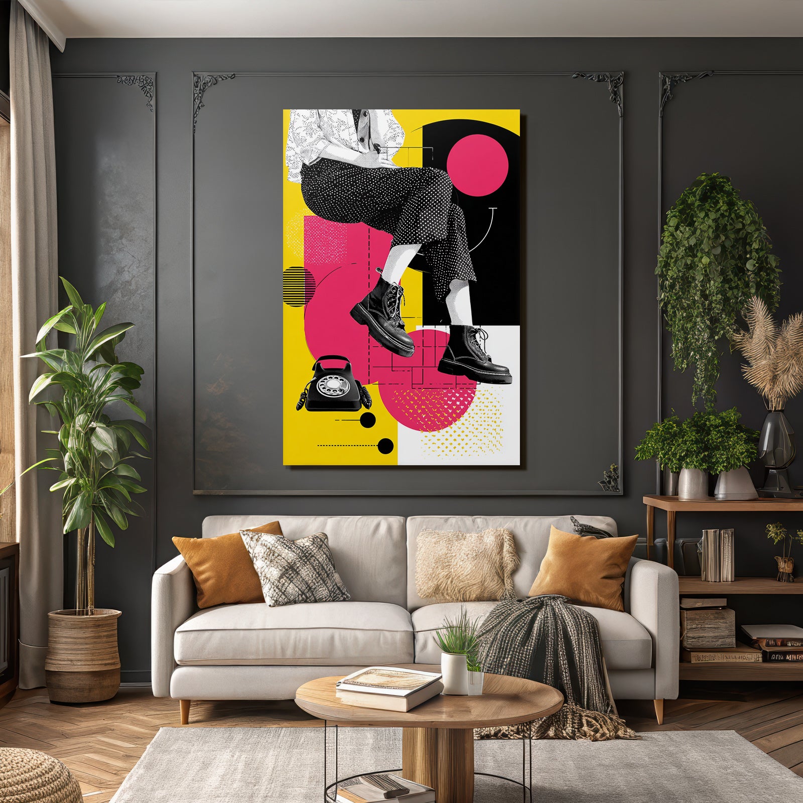 PopArt Grafikdesign Person Sitzt Mit Beinen Und Schuhwerk Vintage Wahltelefon