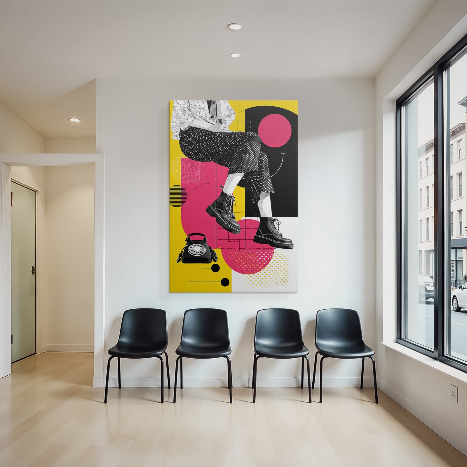 PopArt Grafikdesign Person Sitzt Mit Beinen Und Schuhwerk Vintage Wahltelefon