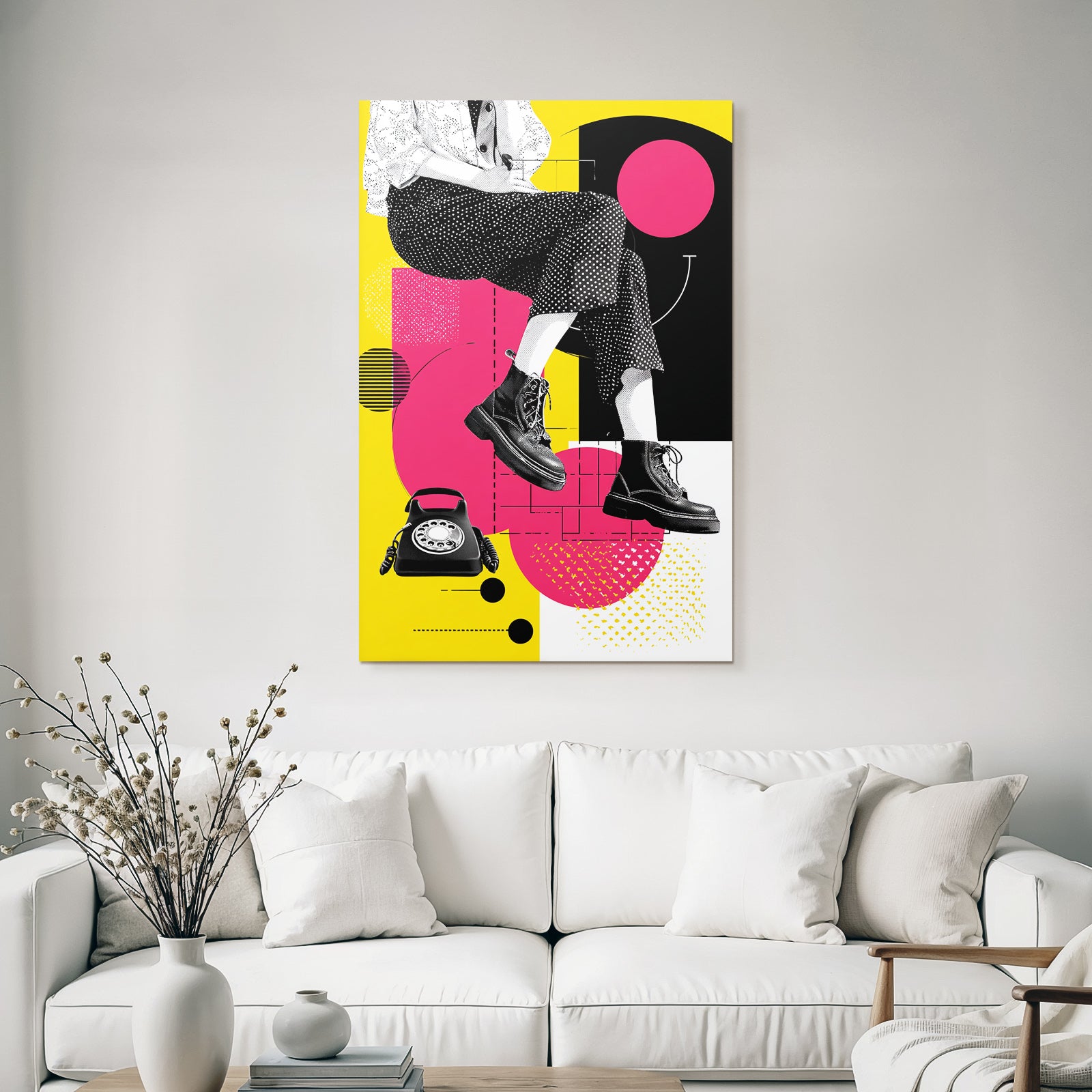 PopArt Grafikdesign Person Sitzt Mit Beinen Und Schuhwerk Vintage Wahltelefon