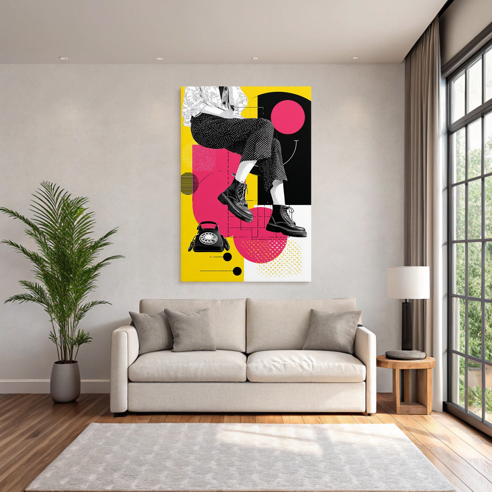 PopArt Grafikdesign Person Sitzt Mit Beinen Und Schuhwerk Vintage Wahltelefon