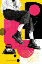 PopArt Grafikdesign Person Sitzt Mit Beinen Und Schuhwerk Vintage Wahltelefon | Pop Art | Stilrichtungen