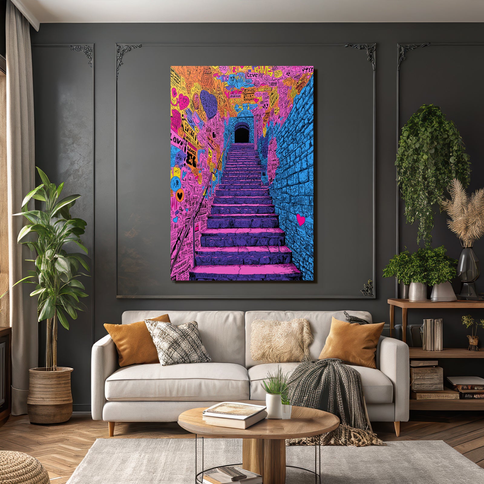 PopArt Kunsttreppe Mit Farbenfrohen Graffiti Herzen Und Text