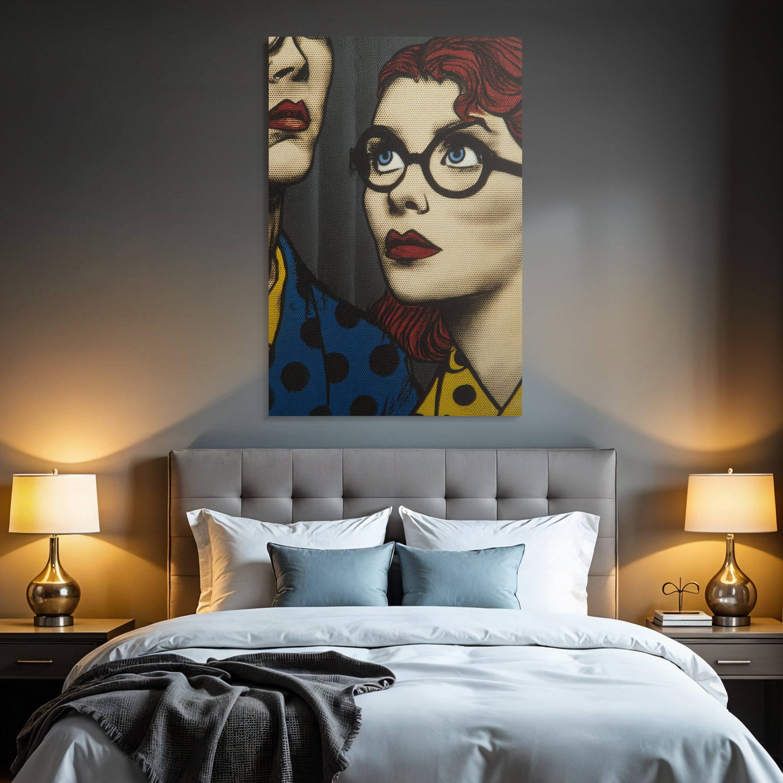 PopArt Kunstwerk Rothaariger Brillenträgender Charakter Und Unbekannte Figur Im Polka Stil