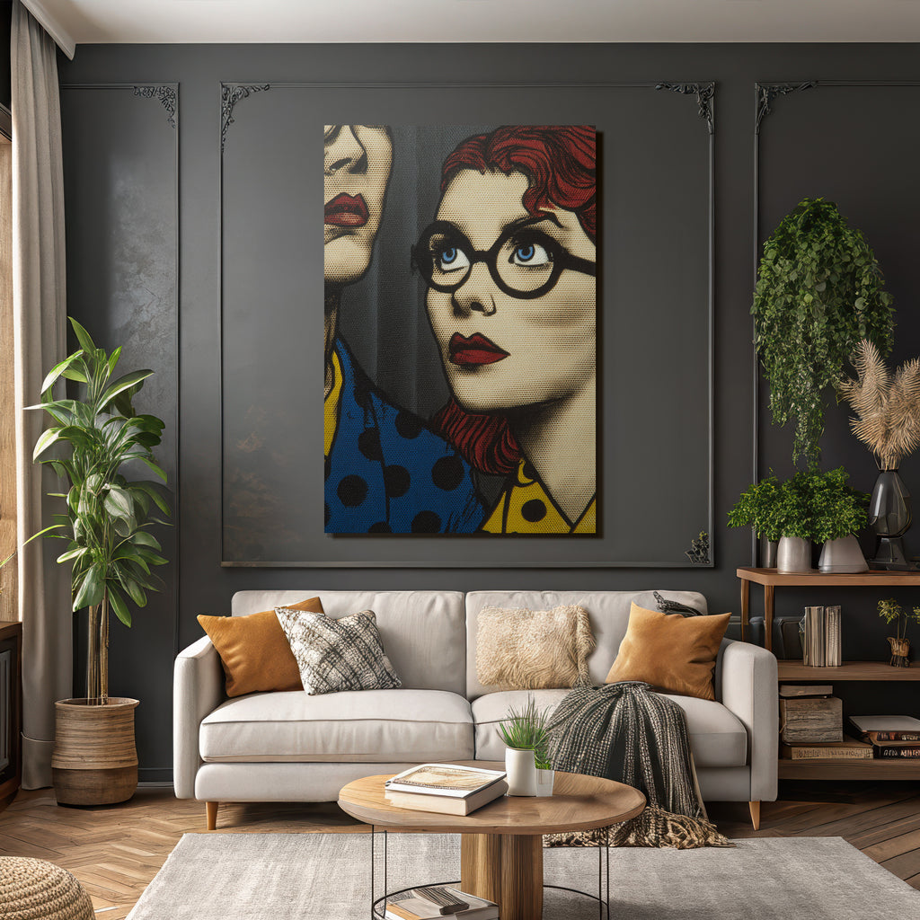 PopArt Kunstwerk Rothaariger Brillenträgender Charakter Und Unbekannte Figur Im Polka Stil