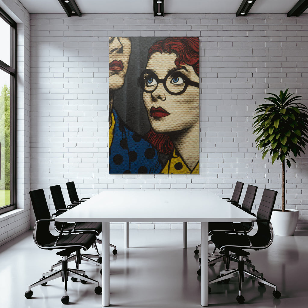 PopArt Kunstwerk Rothaariger Brillenträgender Charakter Und Unbekannte Figur Im Polka Stil