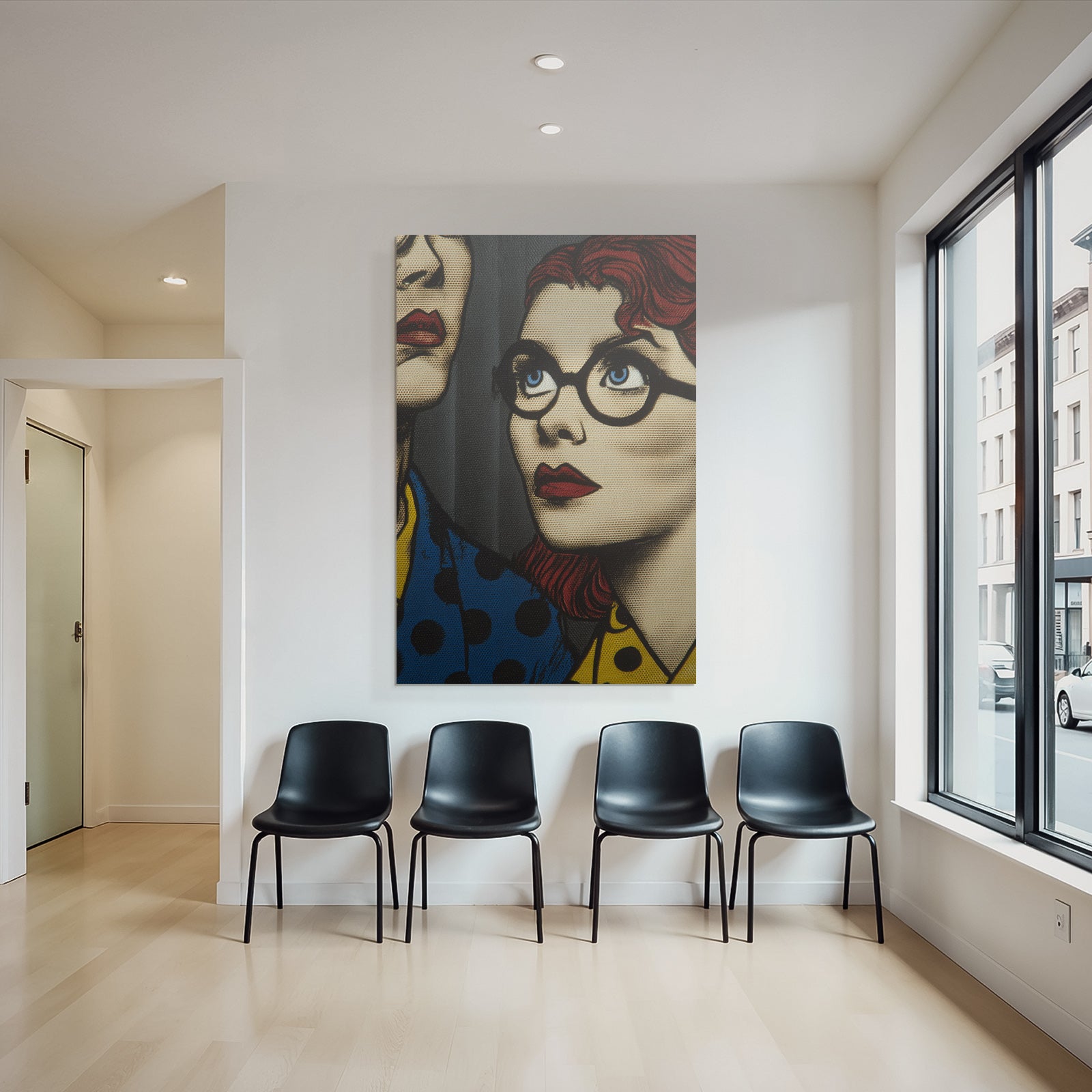 PopArt Kunstwerk Rothaariger Brillenträgender Charakter Und Unbekannte Figur Im Polka Stil