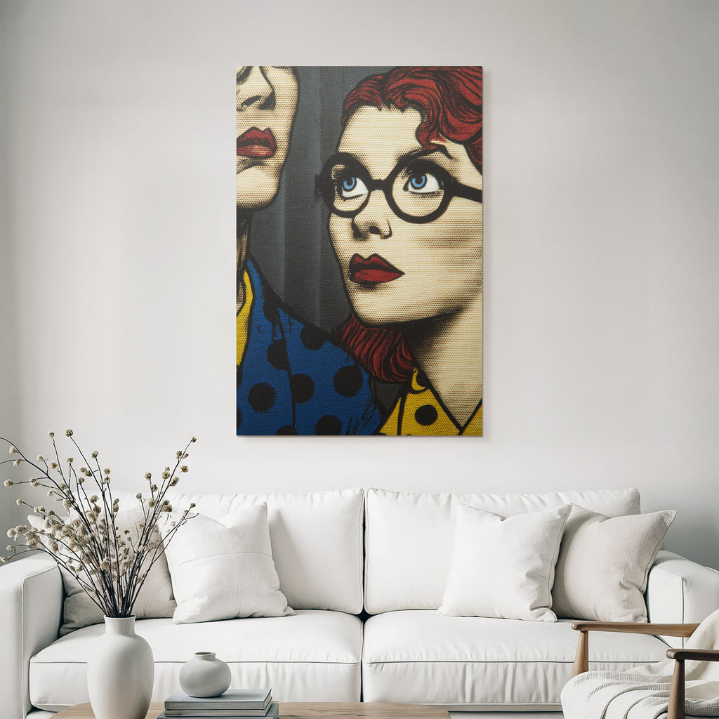 PopArt Kunstwerk Rothaariger Brillenträgender Charakter Und Unbekannte Figur Im Polka Stil