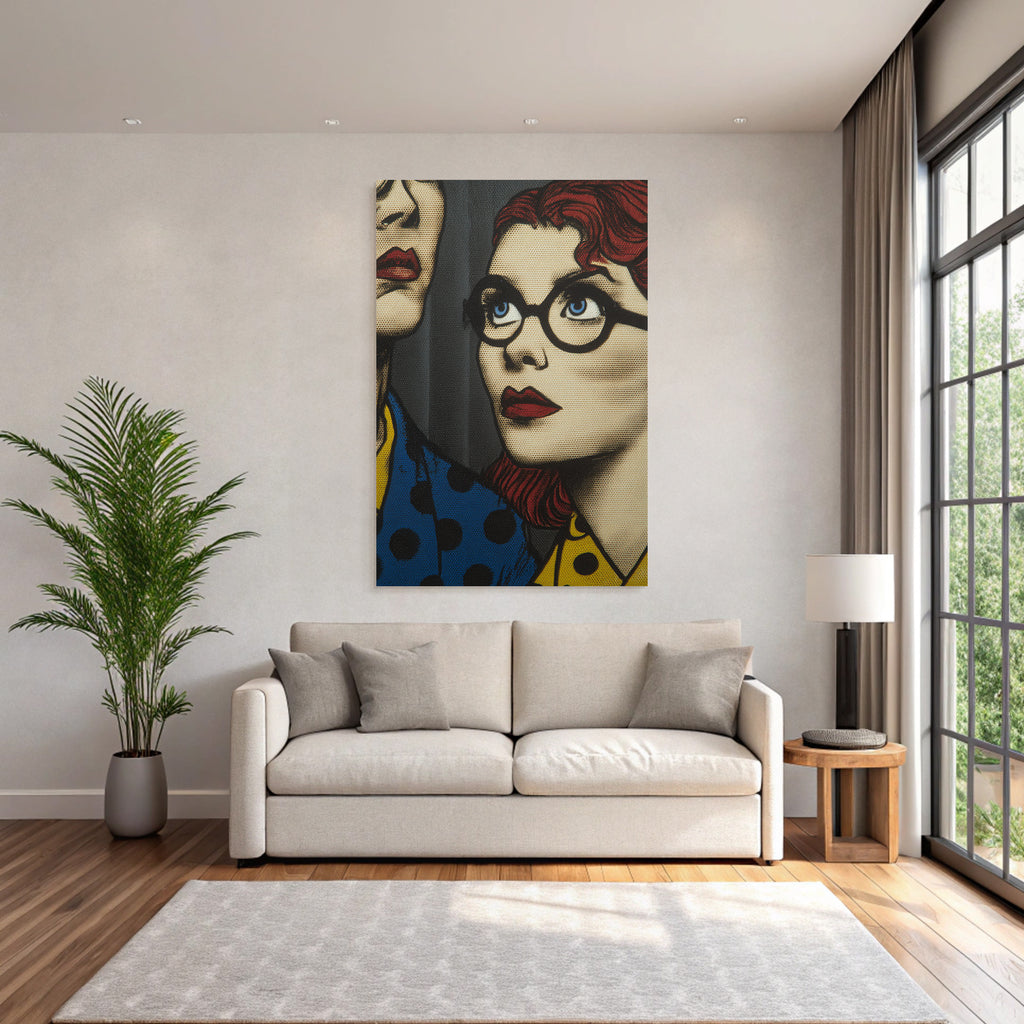 PopArt Kunstwerk Rothaariger Brillenträgender Charakter Und Unbekannte Figur Im Polka Stil