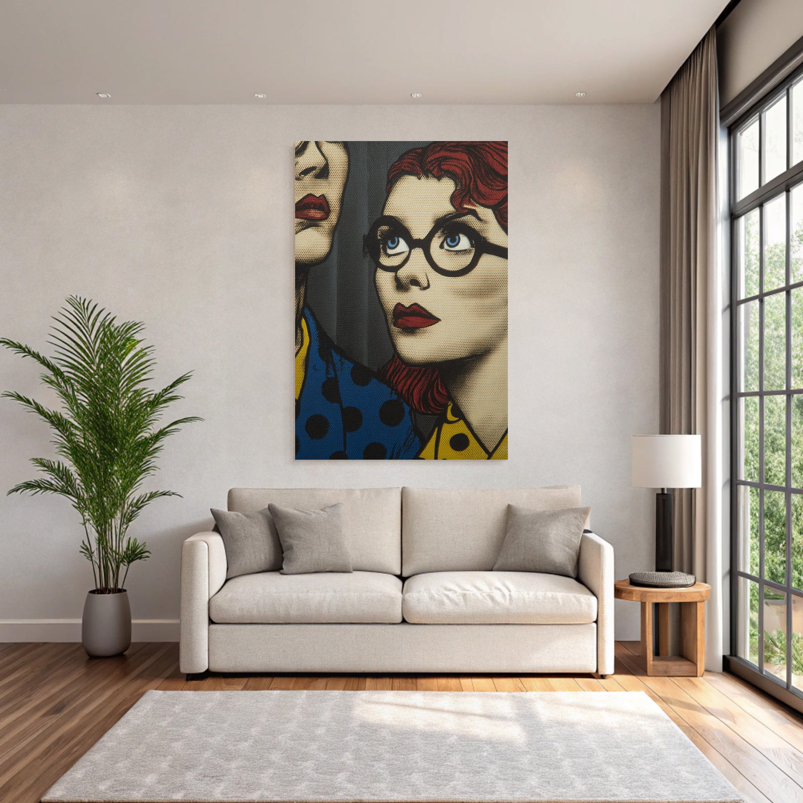 PopArt Kunstwerk Rothaariger Brillenträgender Charakter Und Unbekannte Figur Im Polka Stil