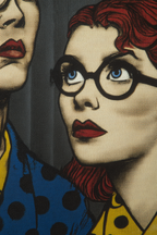 PopArt Kunstwerk Rothaariger Brillenträgender Charakter Und Unbekannte Figur Im Polka Stil | Pop Art | Stilrichtungen
