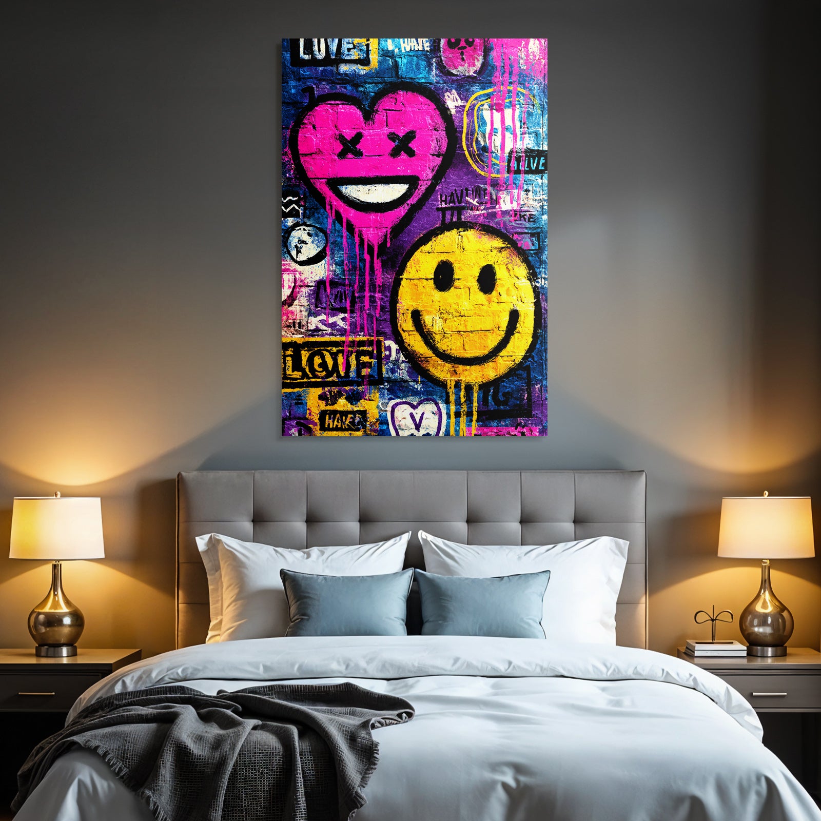 PopArt Lebendige Graffiti Kunst Mit Pinkem Herzen Und Gelben Smiley