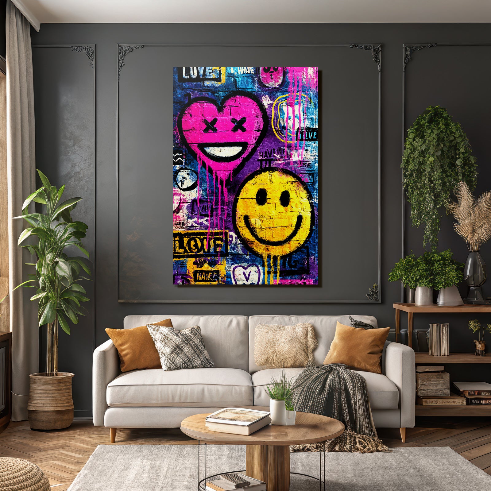 PopArt Lebendige Graffiti Kunst Mit Pinkem Herzen Und Gelben Smiley