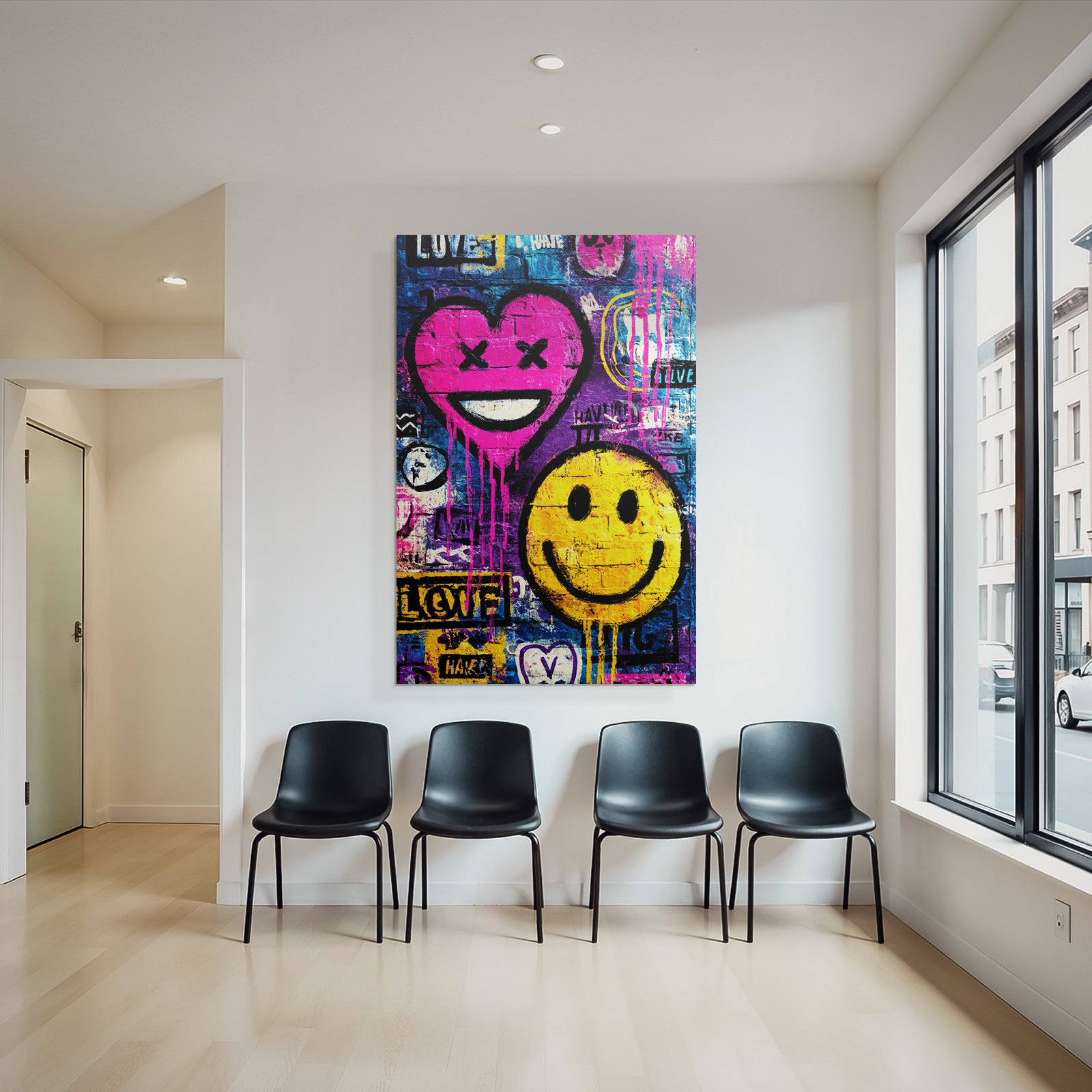 PopArt Lebendige Graffiti Kunst Mit Pinkem Herzen Und Gelben Smiley