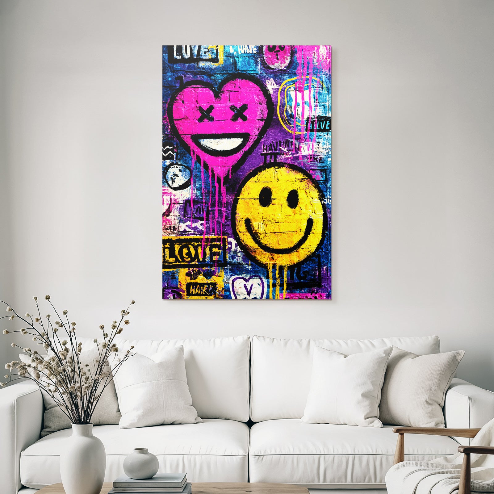 PopArt Lebendige Graffiti Kunst Mit Pinkem Herzen Und Gelben Smiley