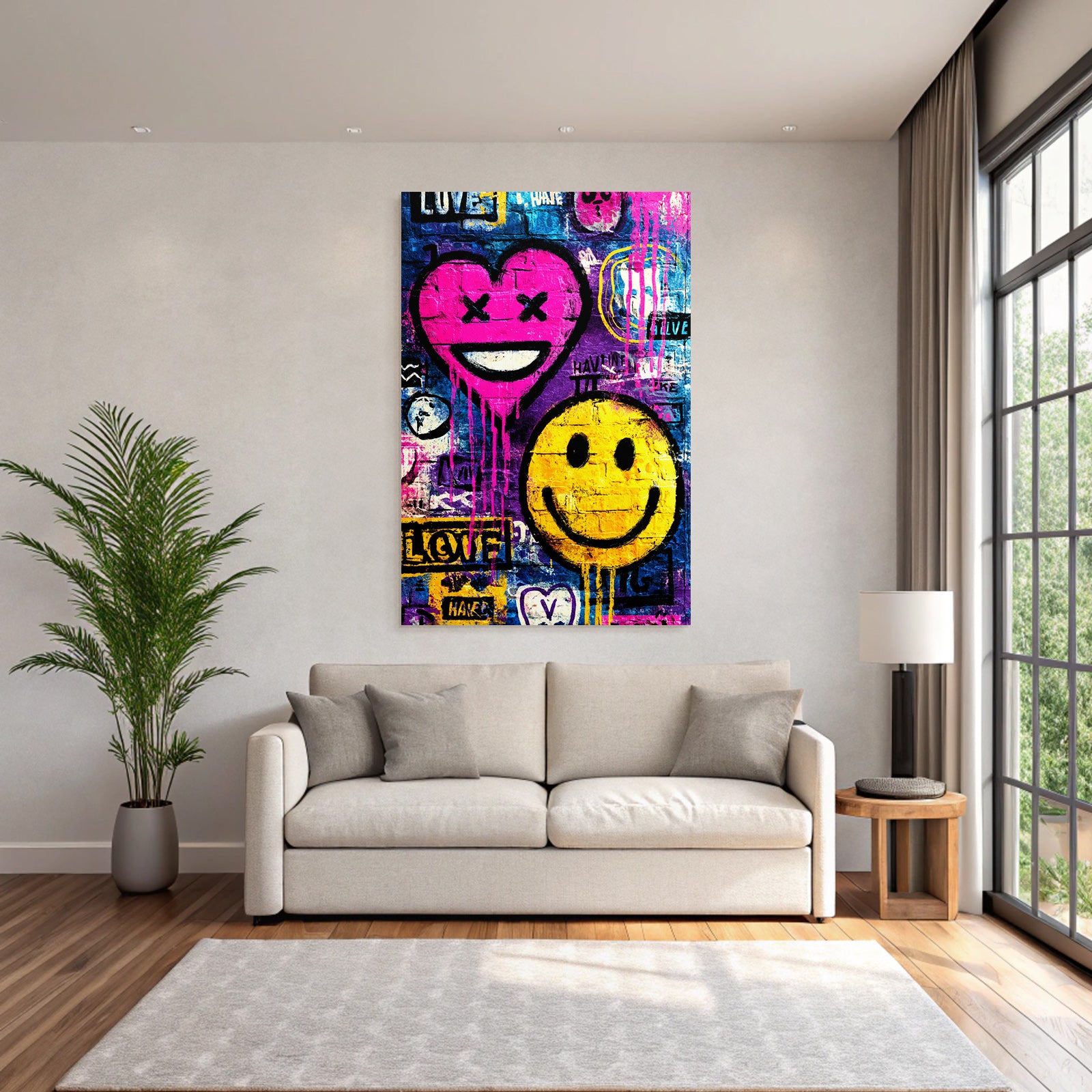 PopArt Lebendige Graffiti Kunst Mit Pinkem Herzen Und Gelben Smiley