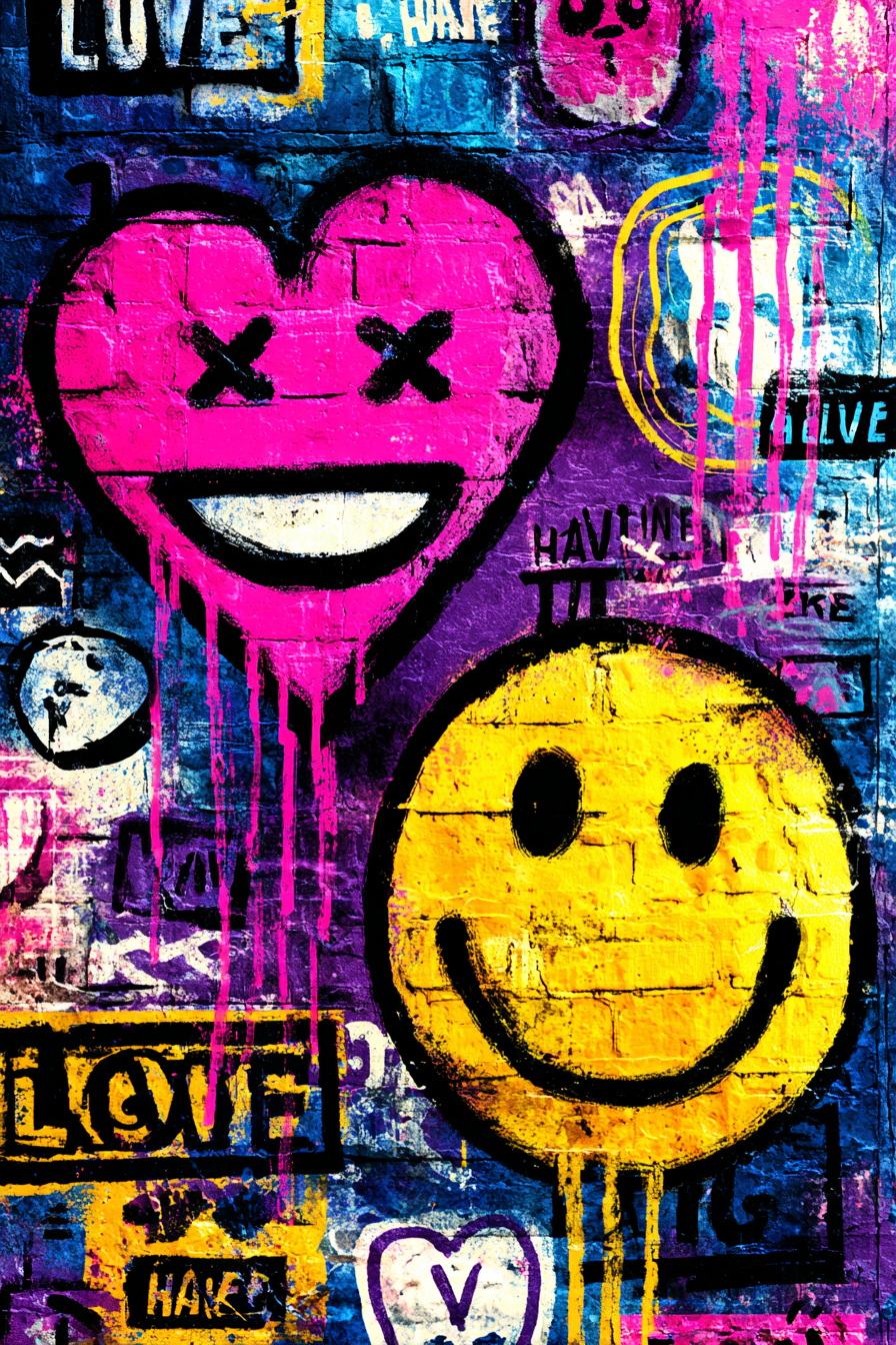 PopArt Lebendige Graffiti Kunst Mit Pinkem Herzen Und Gelben Smiley | Pop Art | Stilrichtungen