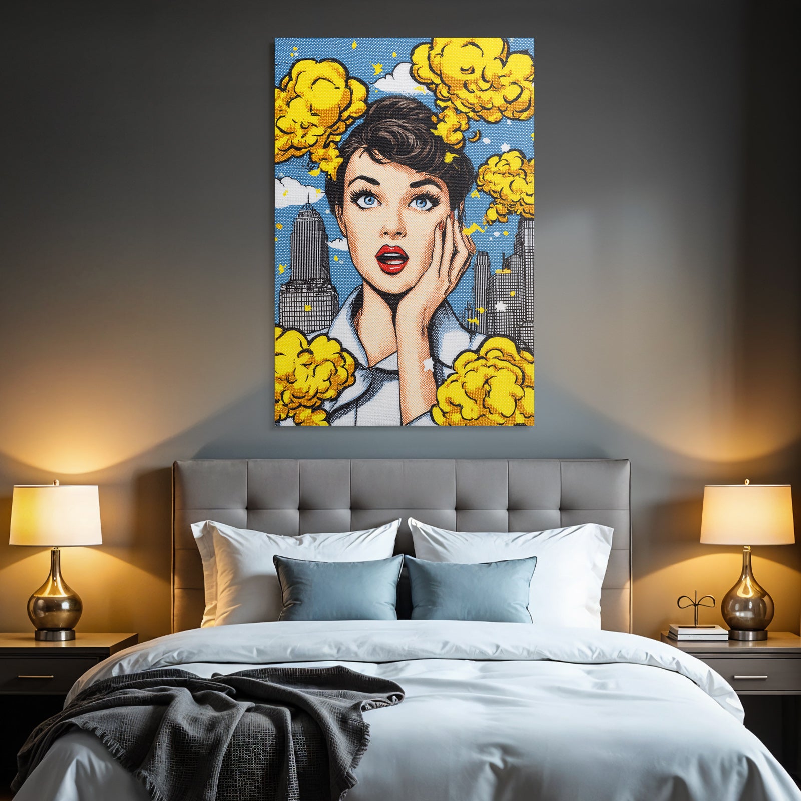 PopArt Überraschte Frau Im Popart Mit Stadtbild