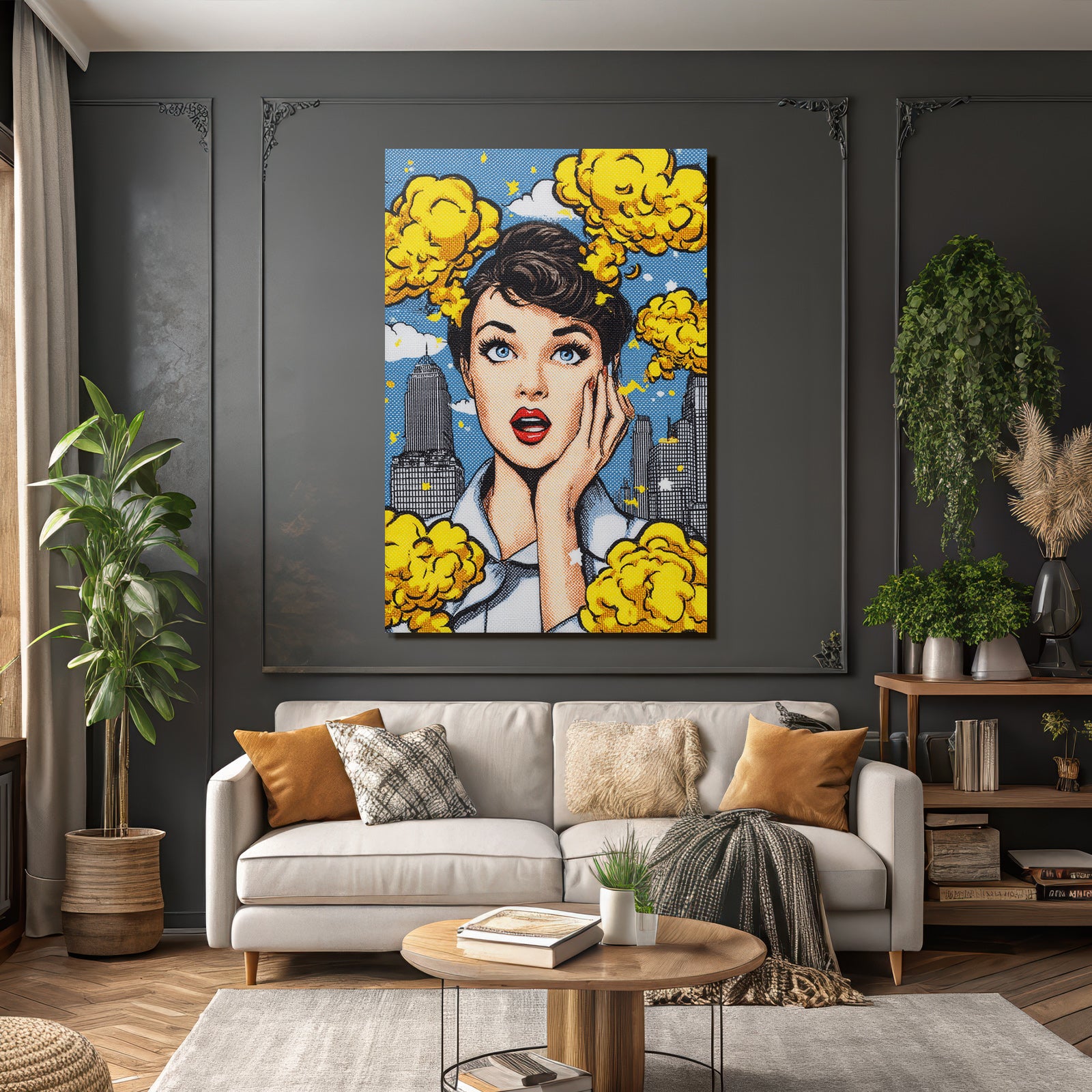 PopArt Überraschte Frau Im Popart Mit Stadtbild