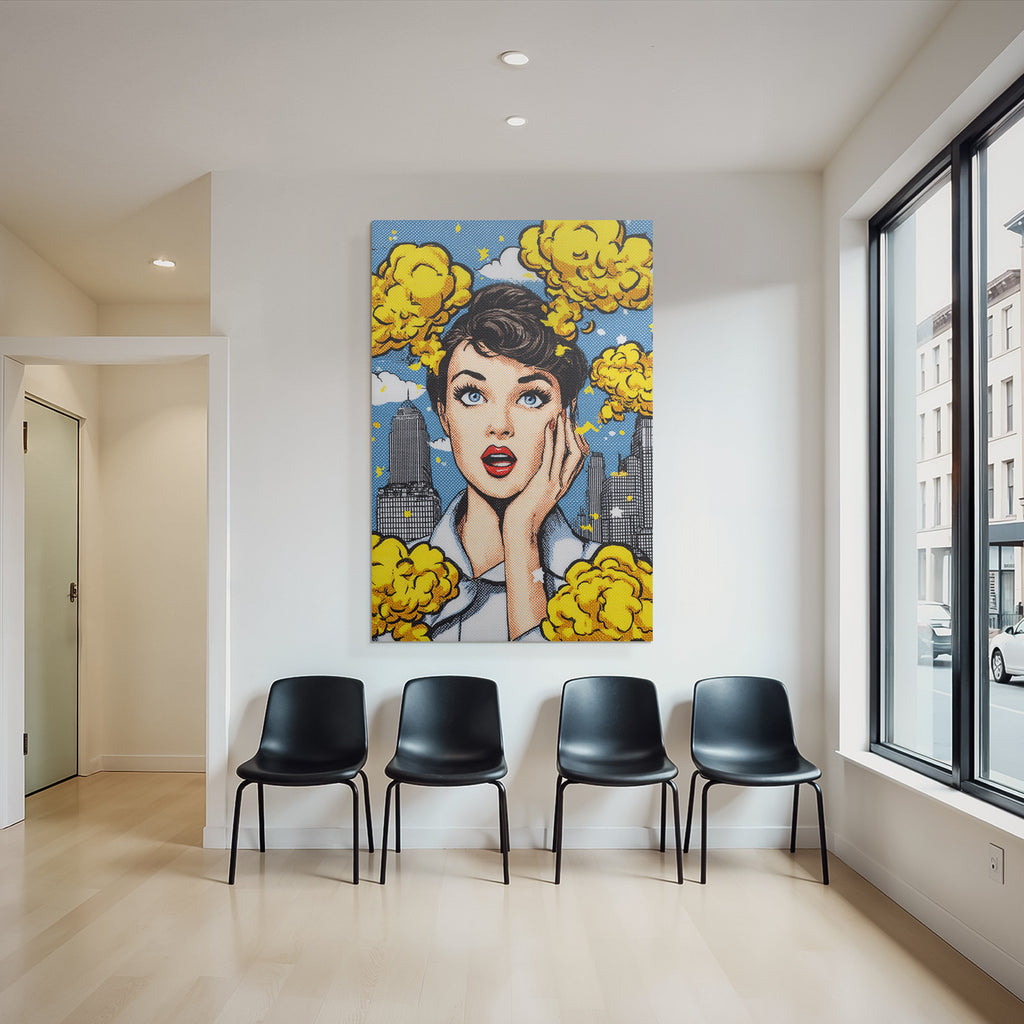 PopArt Überraschte Frau Im Popart Mit Stadtbild