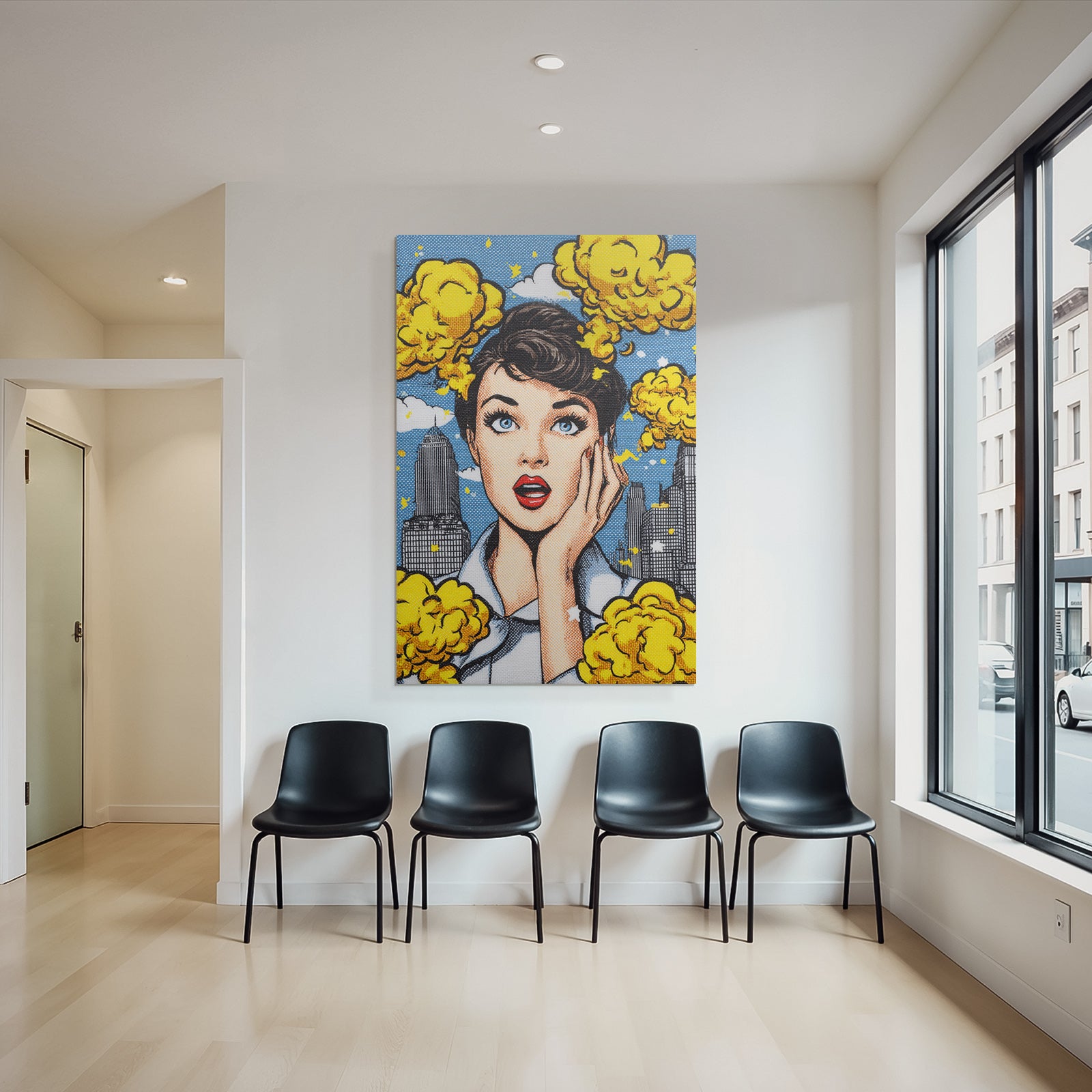 PopArt Überraschte Frau Im Popart Mit Stadtbild