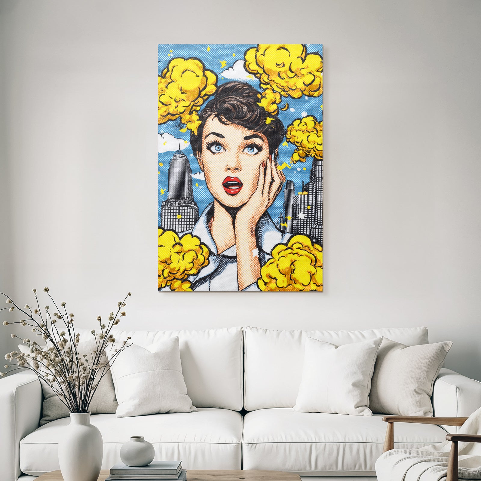 PopArt Überraschte Frau Im Popart Mit Stadtbild