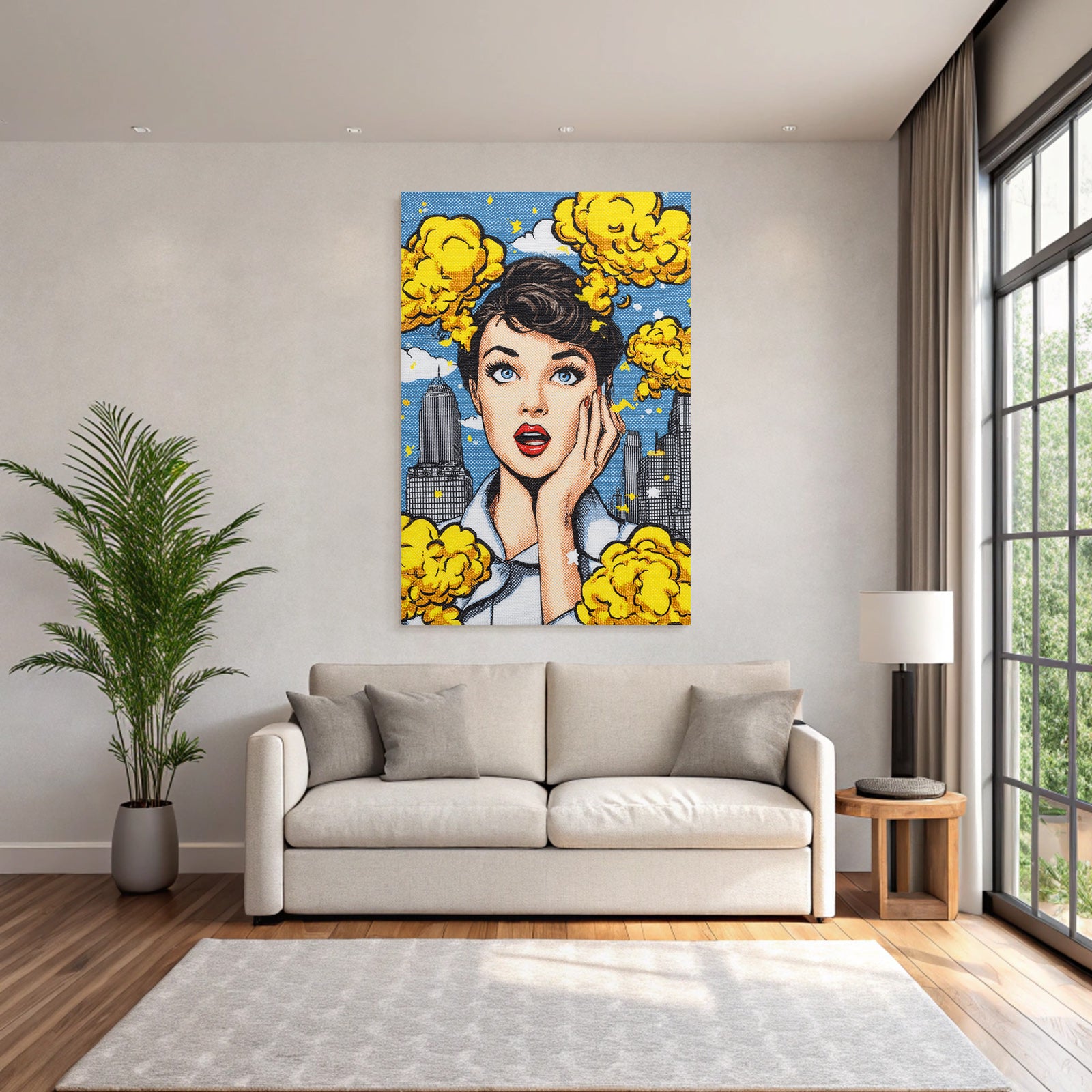 PopArt Überraschte Frau Im Popart Mit Stadtbild