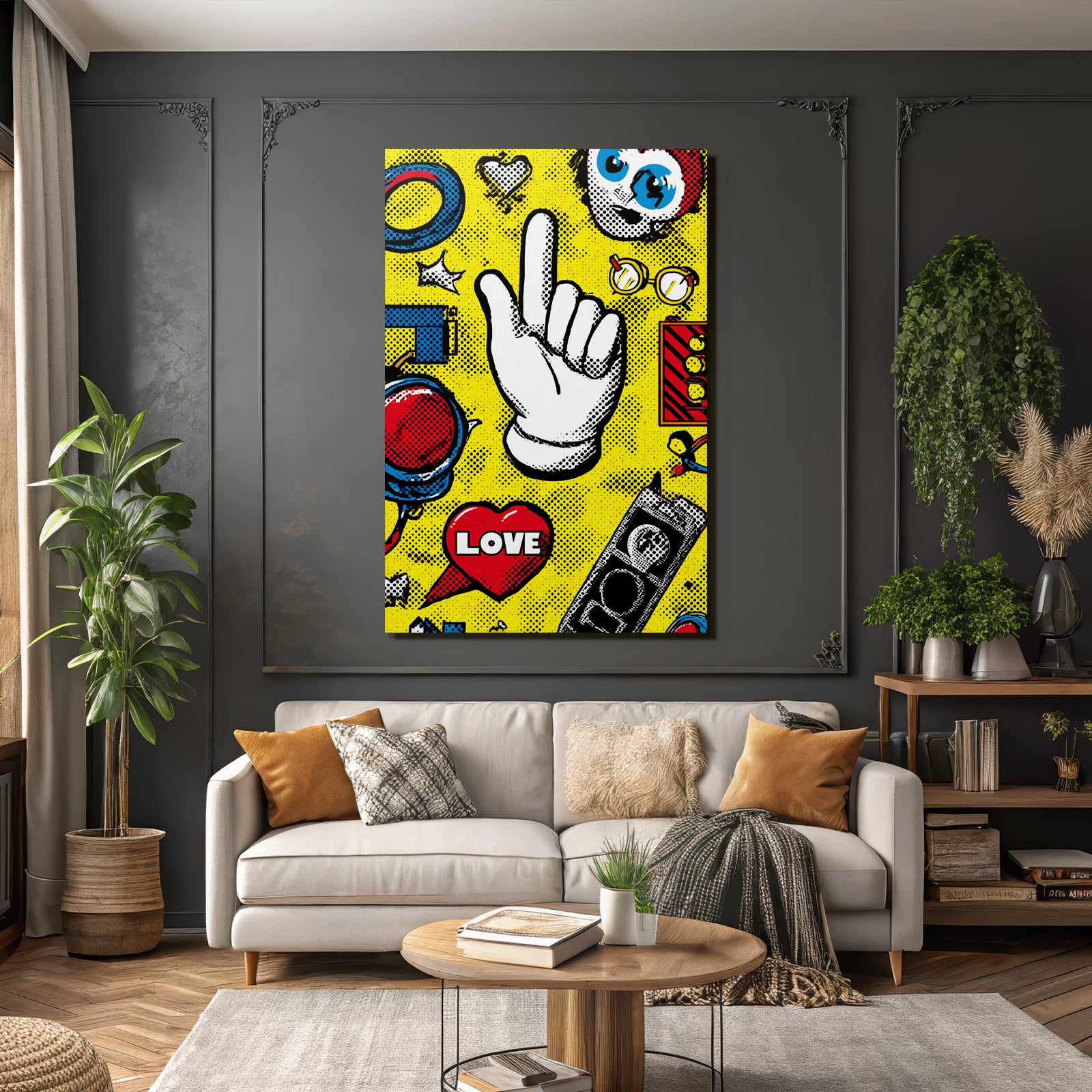 PopArt Lebendige Hand Geste Mit Indexfinger Und Herzen