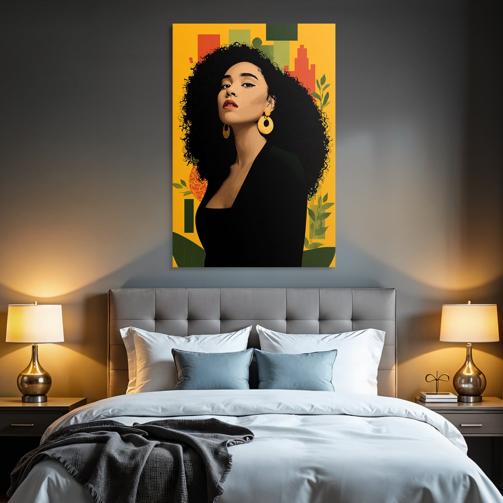 PopArt Stilisierte Abbildung Einer Frau Mit Lockigem Haar Grossen Ohrringen Und Schwarzer Kleidung