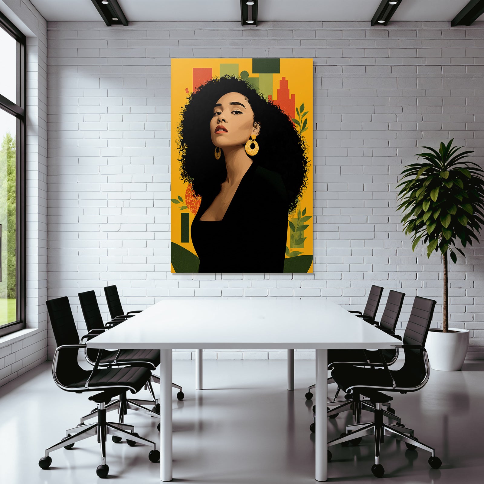 PopArt Stilisierte Abbildung Einer Frau Mit Lockigem Haar Grossen Ohrringen Und Schwarzer Kleidung