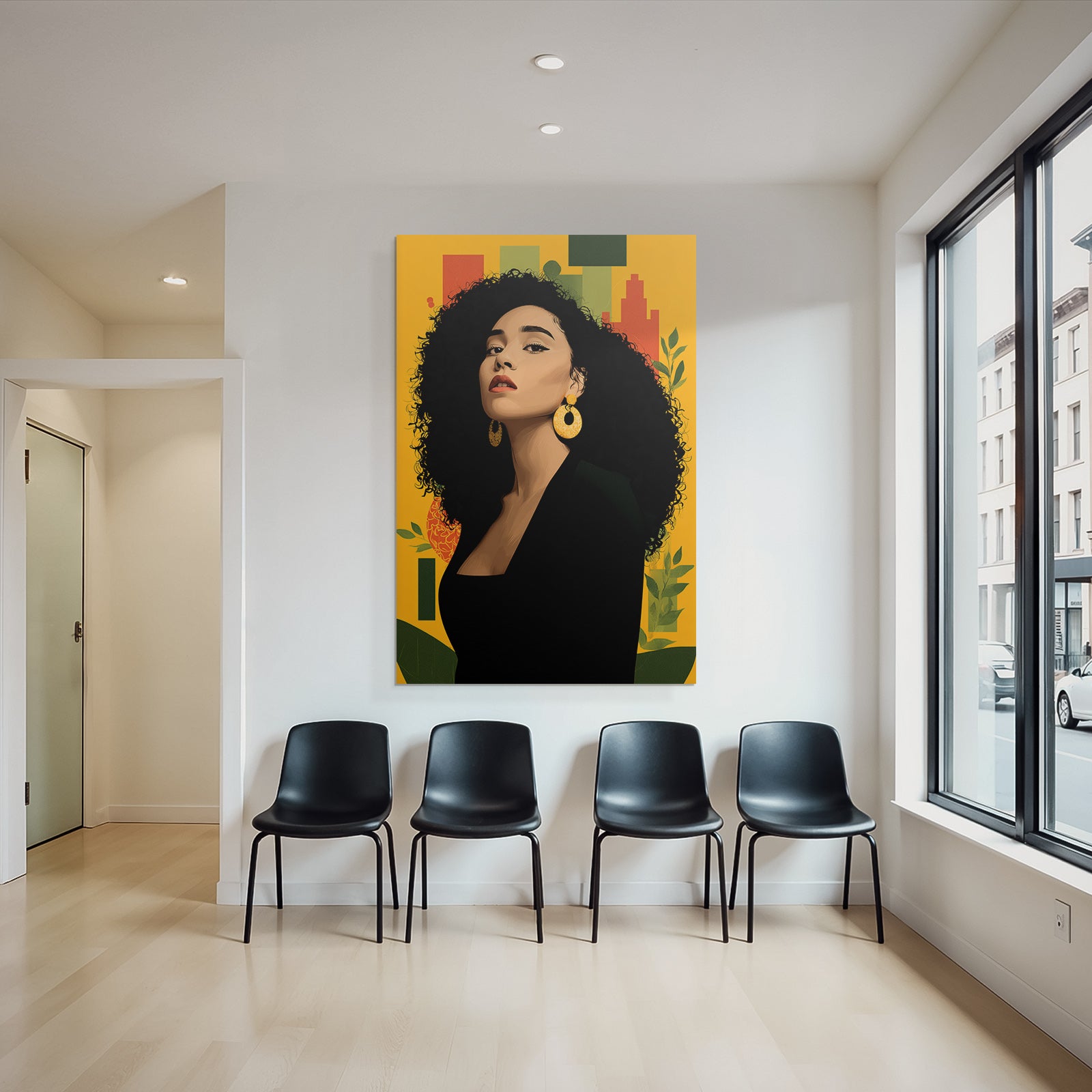 PopArt Stilisierte Abbildung Einer Frau Mit Lockigem Haar Grossen Ohrringen Und Schwarzer Kleidung