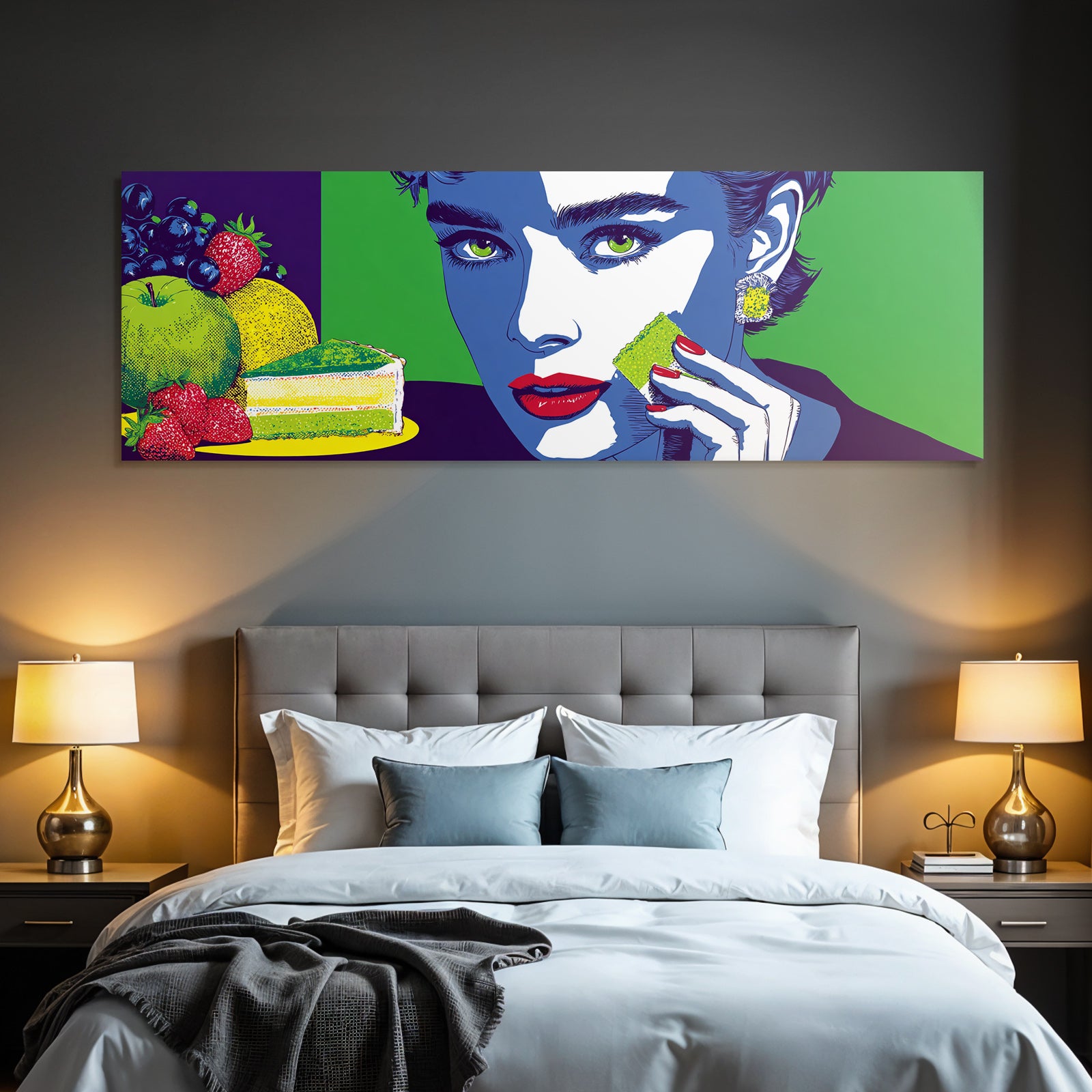 PopArt Bunte Frauillustration Mit Obst Und Grünem Kuchen Popart