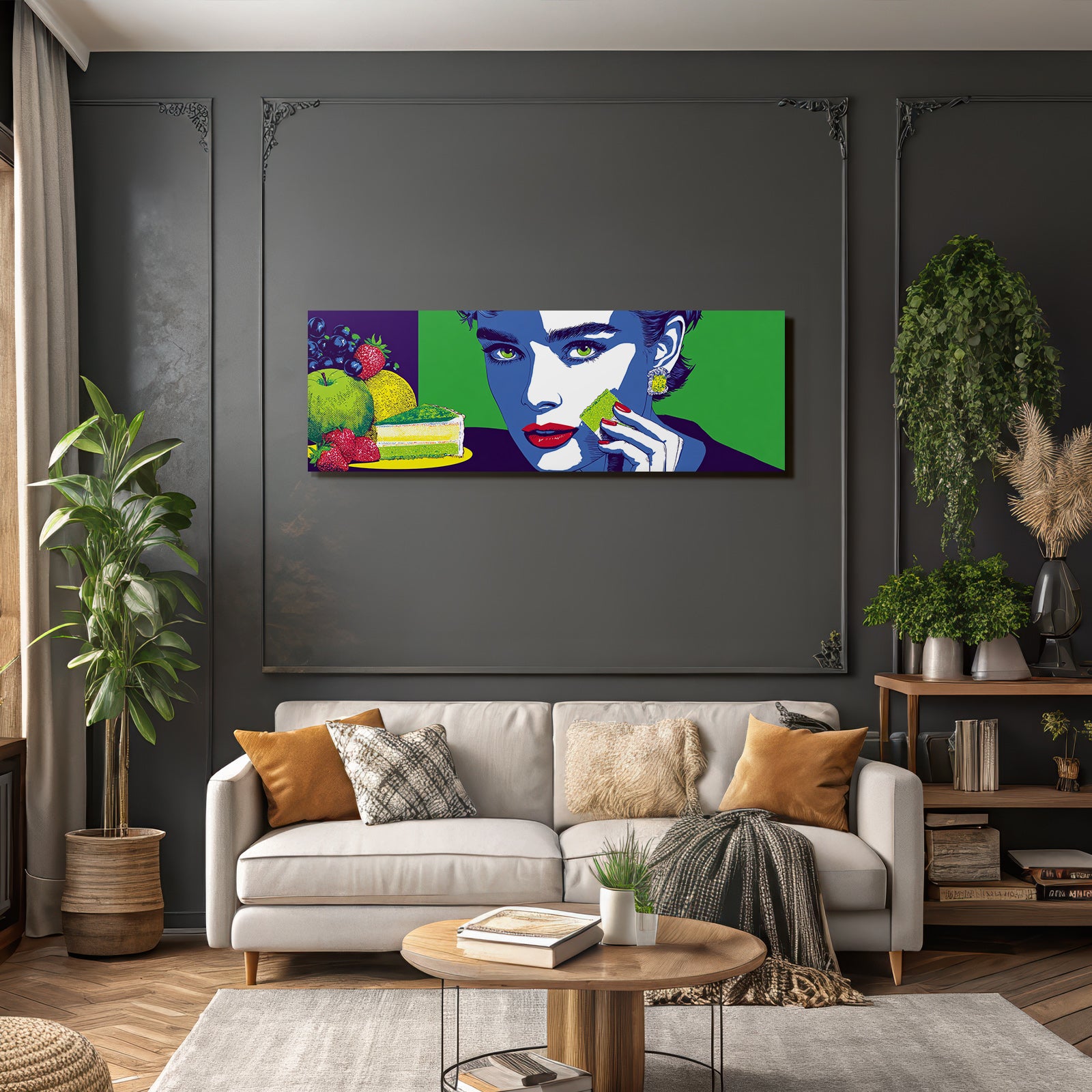PopArt Bunte Frauillustration Mit Obst Und Grünem Kuchen Popart