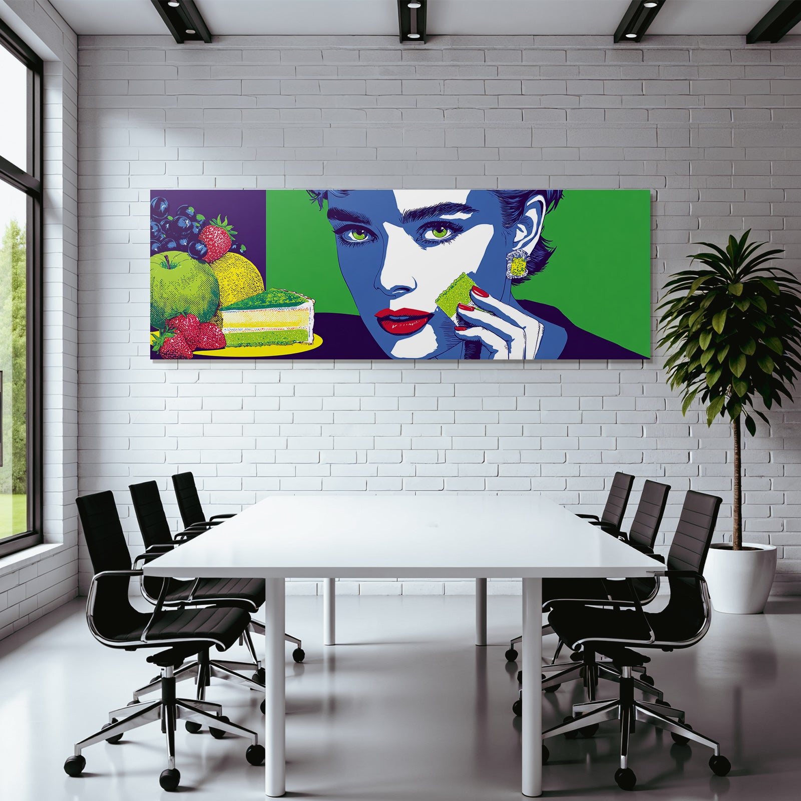 PopArt Bunte Frauillustration Mit Obst Und Grünem Kuchen Popart