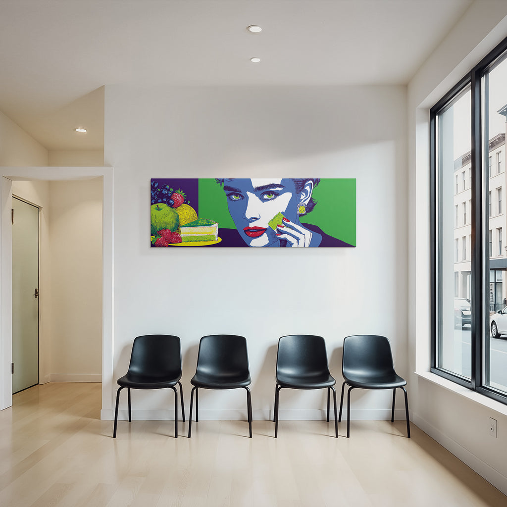PopArt Bunte Frauillustration Mit Obst Und Grünem Kuchen Popart
