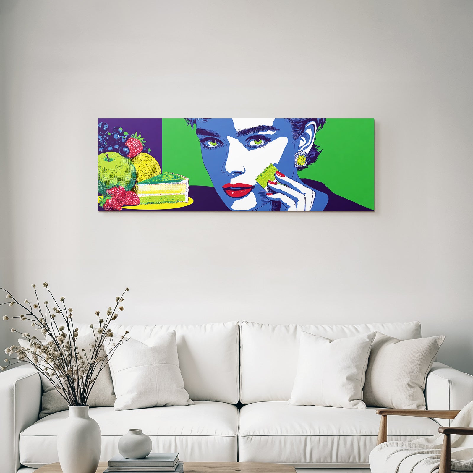 PopArt Bunte Frauillustration Mit Obst Und Grünem Kuchen Popart