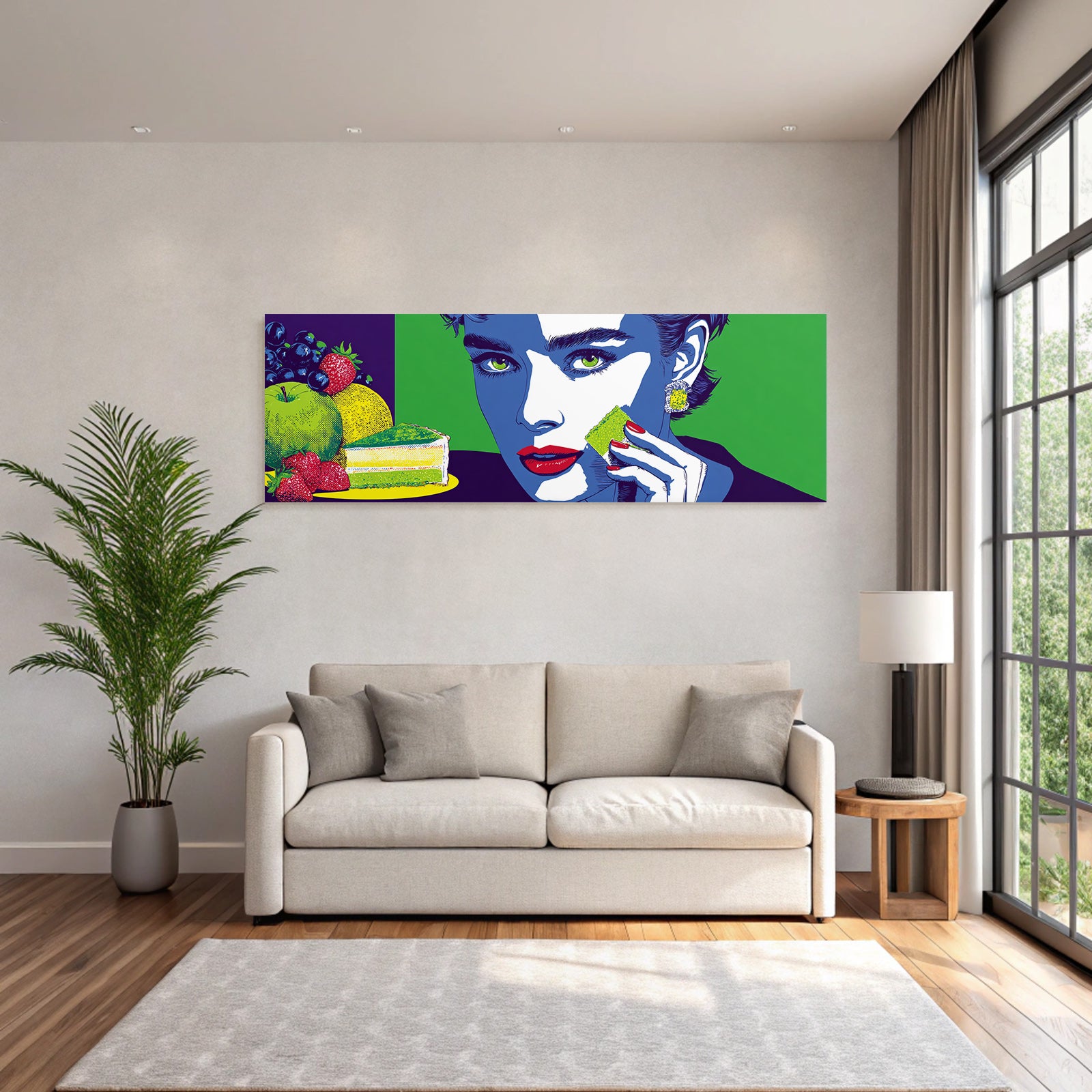 PopArt Bunte Frauillustration Mit Obst Und Grünem Kuchen Popart