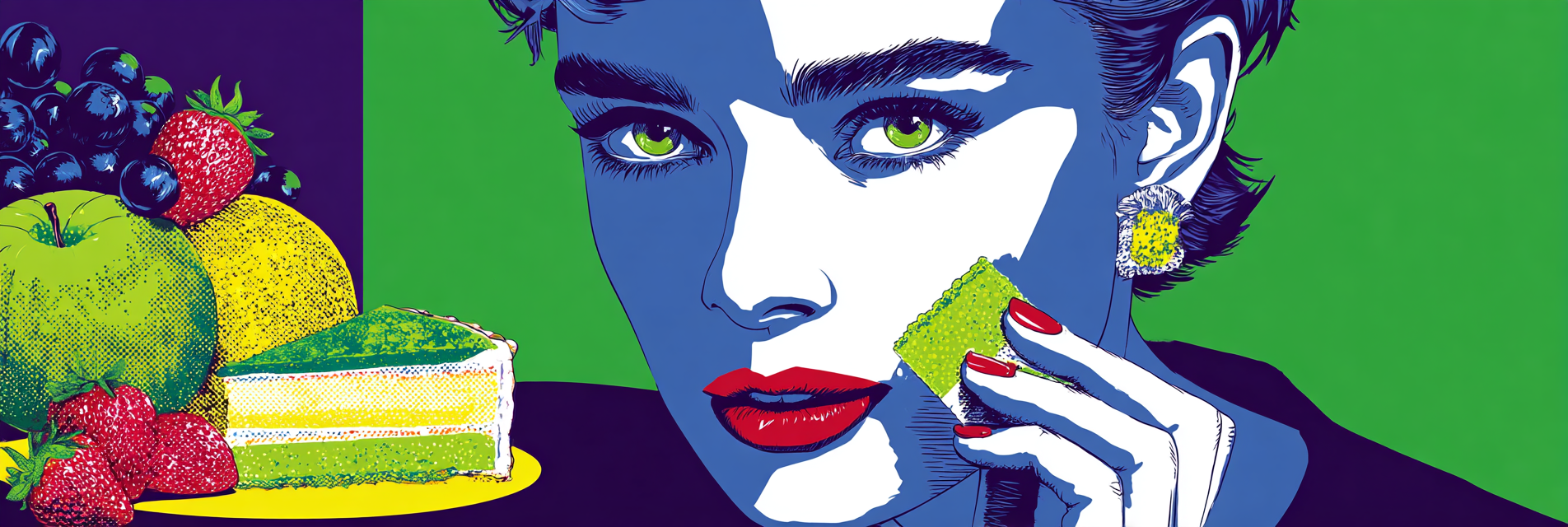 PopArt Bunte Frauillustration Mit Obst Und Grünem Kuchen Popart | Pop Art | Stilrichtungen