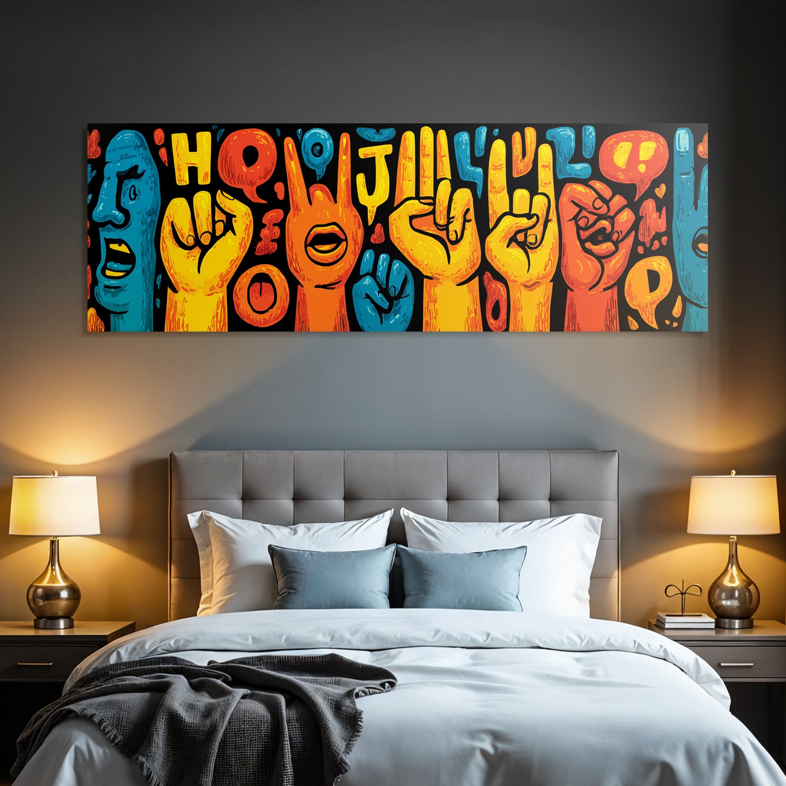 PopArt Bunte Handgesten Und Gesichtsausdrücke Auf Schwarzem Hintergrund