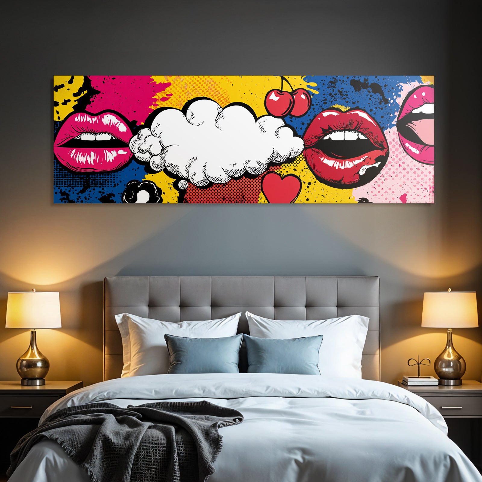 PopArt Bunte Lippen Sprächblase Mit Kirschen Und Herzen