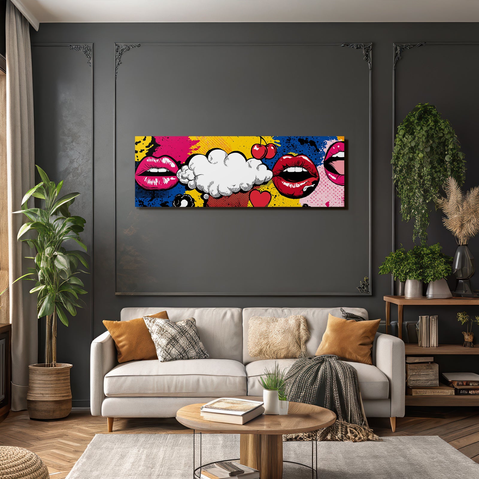 PopArt Bunte Lippen Sprächblase Mit Kirschen Und Herzen