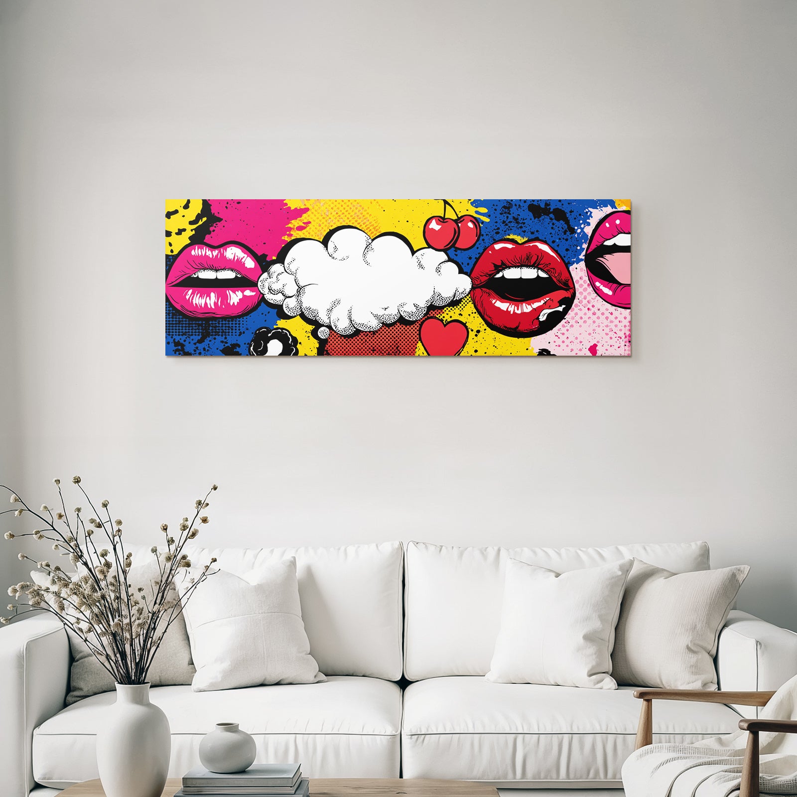PopArt Bunte Lippen Sprächblase Mit Kirschen Und Herzen