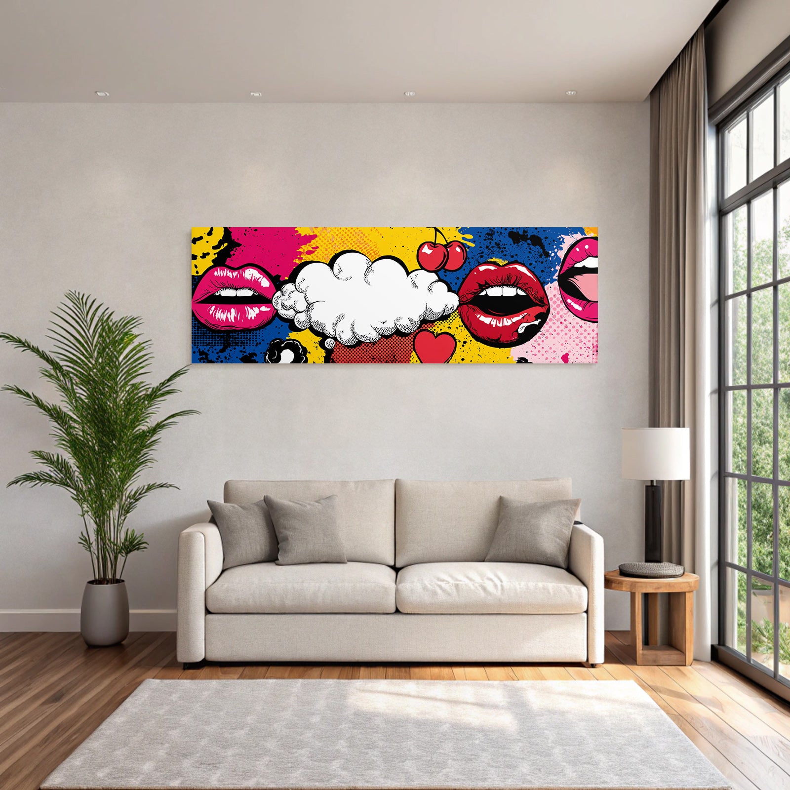 PopArt Bunte Lippen Sprächblase Mit Kirschen Und Herzen