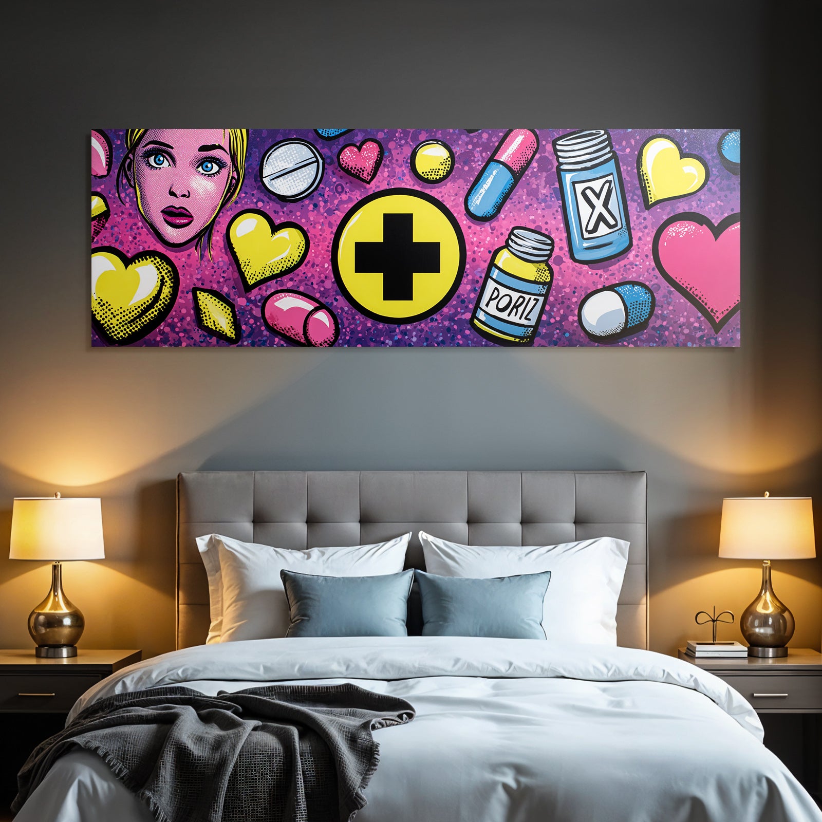 PopArt Bunte Pillen Herzen Frau Auf Lila Hintergrund