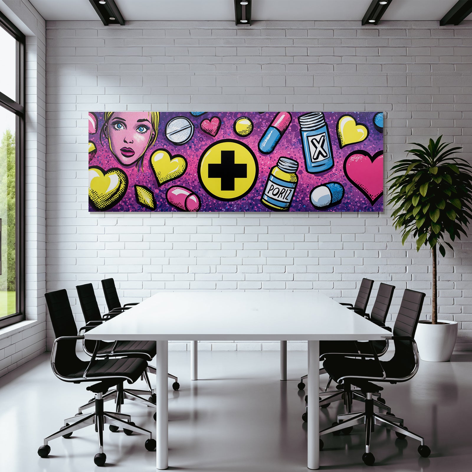 PopArt Bunte Pillen Herzen Frau Auf Lila Hintergrund