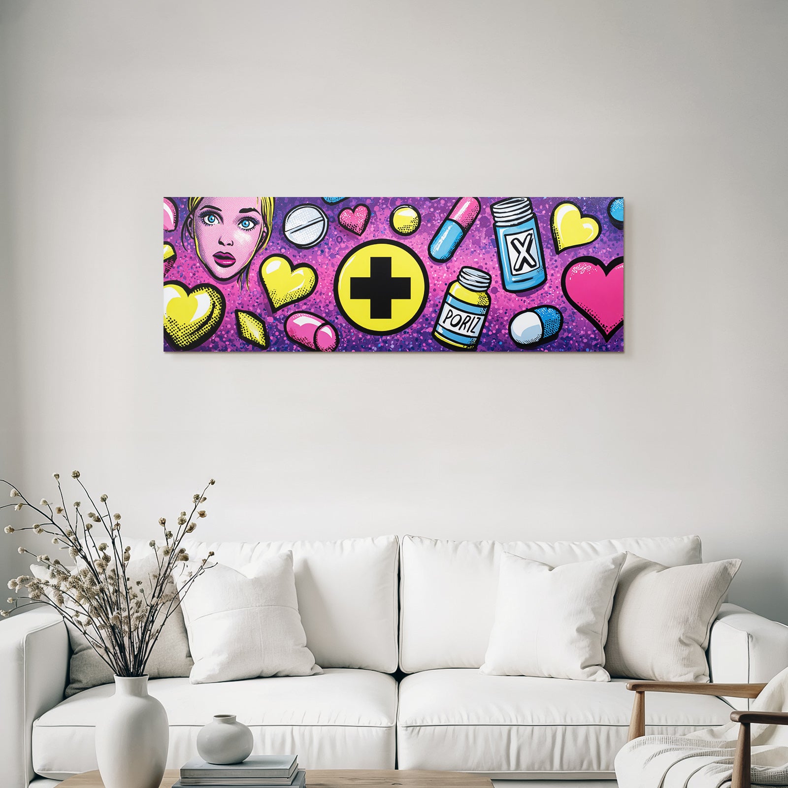 PopArt Bunte Pillen Herzen Frau Auf Lila Hintergrund